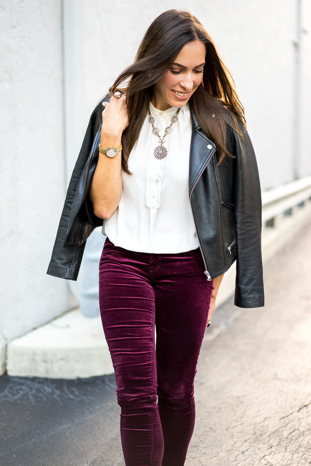 A Glam Lifestyle burgundy velvet jeans maje leather moto jacket aska collection troy booties 10