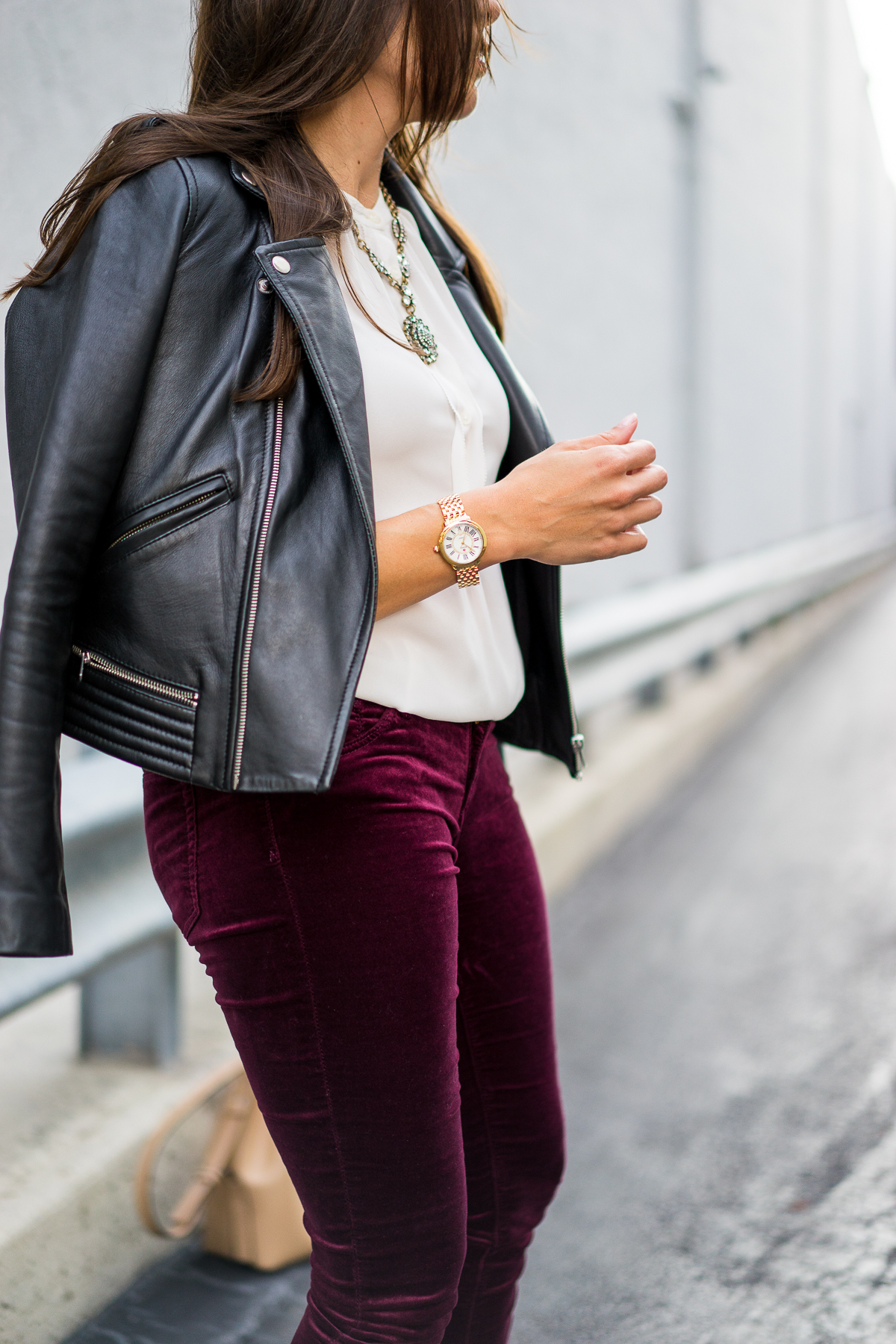 A Glam Lifestyle burgundy velvet jeans maje leather moto jacket aska collection troy booties 6
