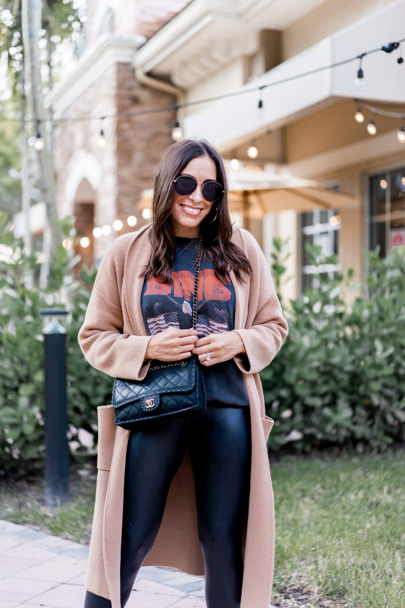 Stylish Outfit with Faux Leather Jacket, Leggings, Sweater, Bag
