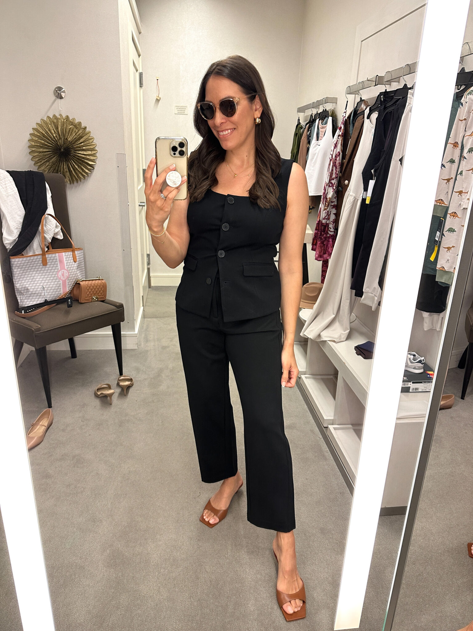 A Glam Lifestyle Blogger Amanda Champion: woman wearing  square neck button-up vest and pleated ankle straight leg pants from the 2024 Nordstrom Anniversary Sale